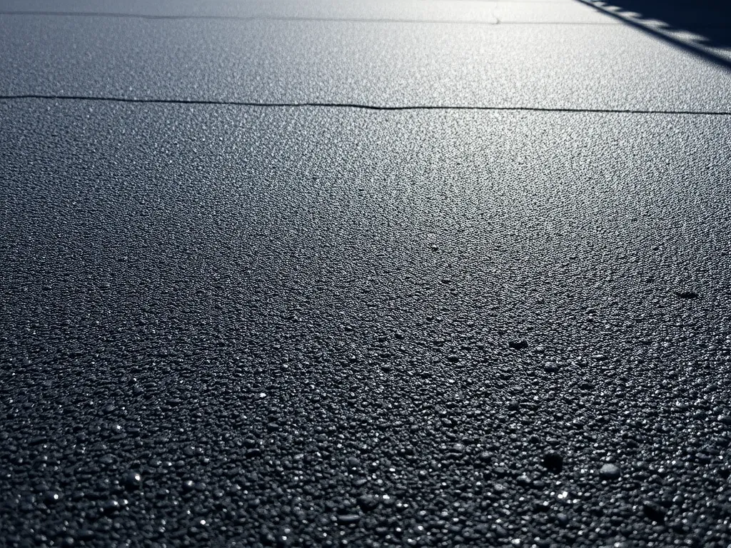 Close-up view of a waterproofed asphalt surface with water droplets