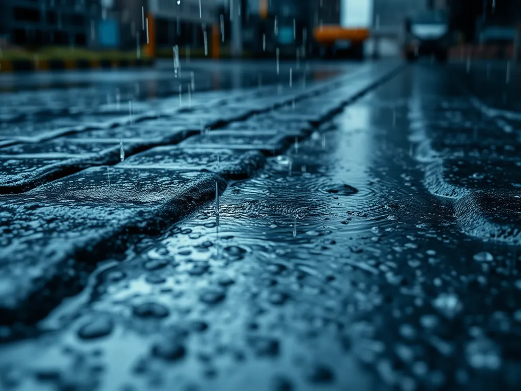 Close-up view of rainwater on a bitumen surface demonstrating its waterproofing properties.