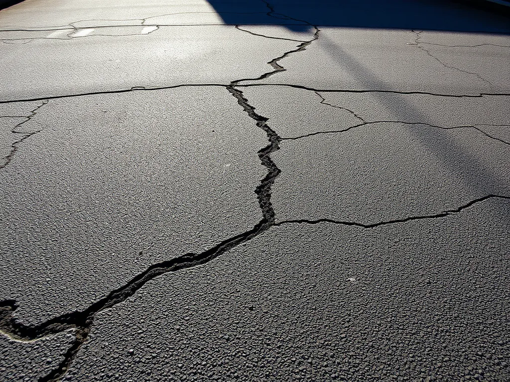 Cracked asphalt driveway showing the effects of weather on pavement durability