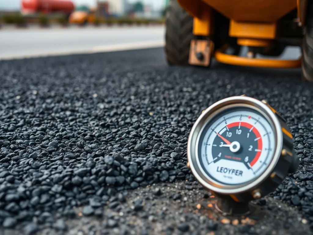 Pressure gauge measuring asphalt density, important for understanding the impact of weather on asphalt performance