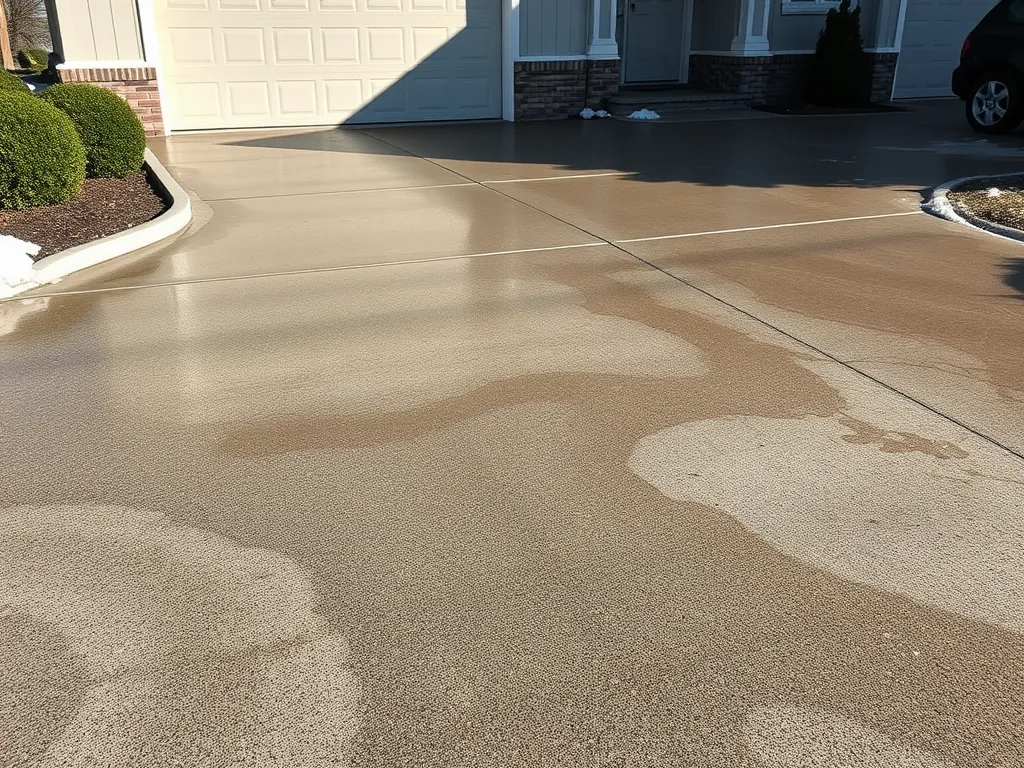 A concrete driveway showing effects of weather conditions such as water pooling, relevant to how weather affects asphalt and concrete.