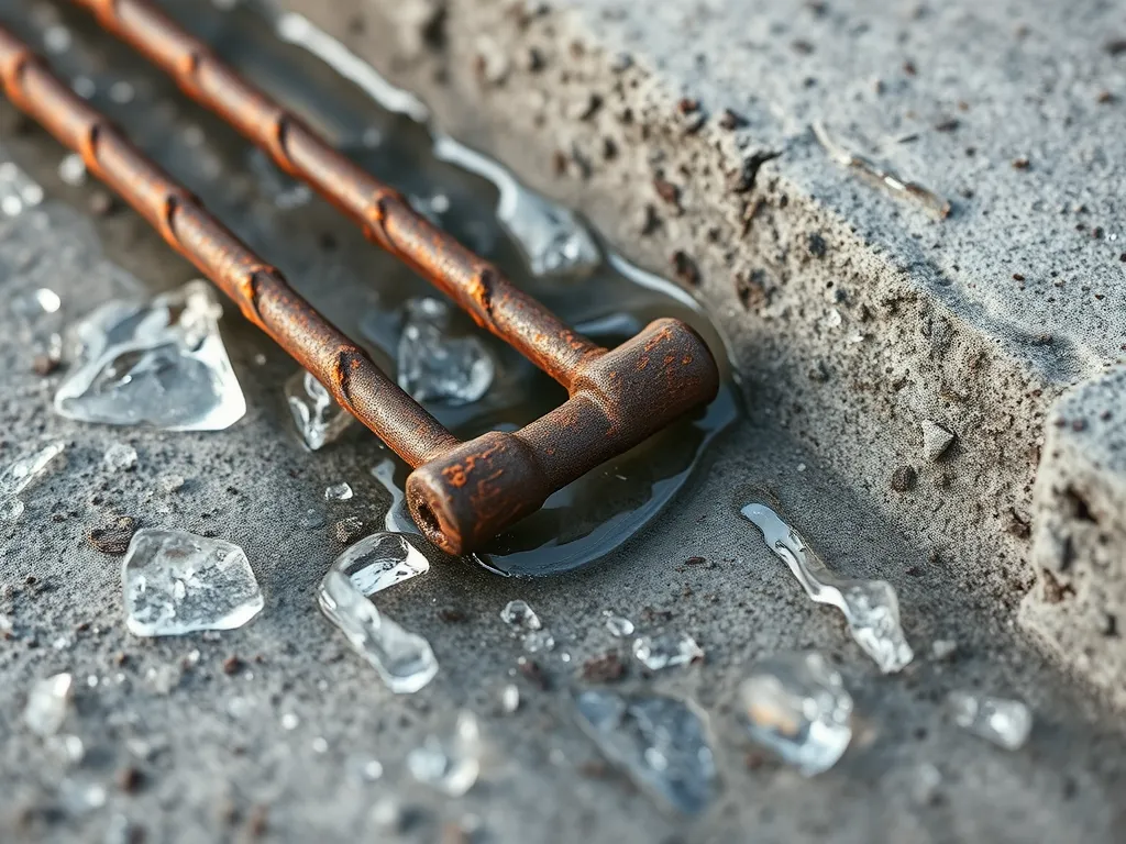 Rusty rebar on concrete driveway with water, illustrating how weather affects asphalt and concrete driveways.