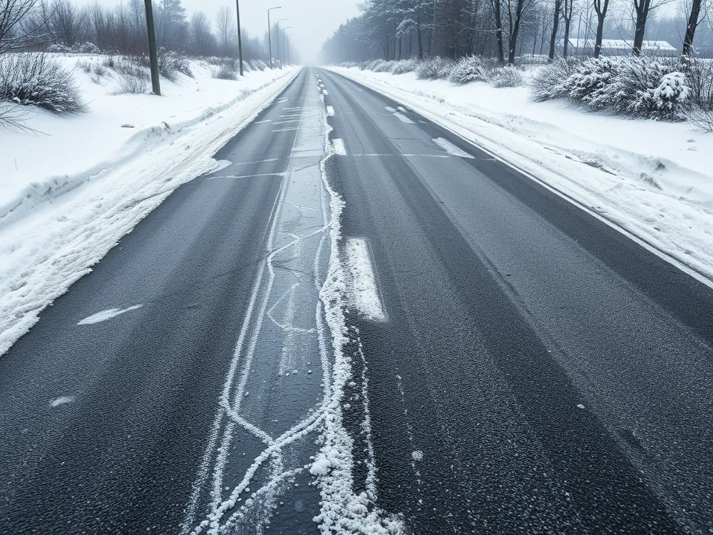 Snow-covered asphalt road showing cracks and damage due to weather impact