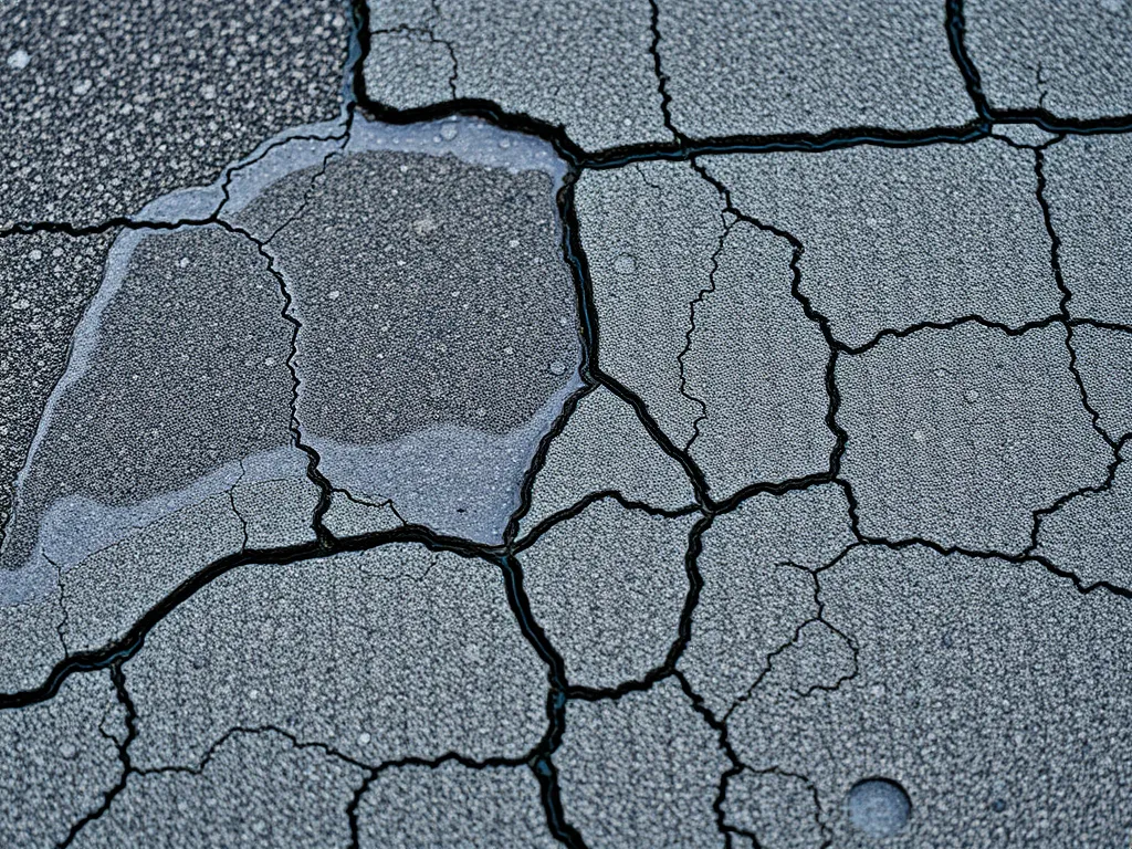 Cracked asphalt showing water accumulation due to weather conditions, affecting durability