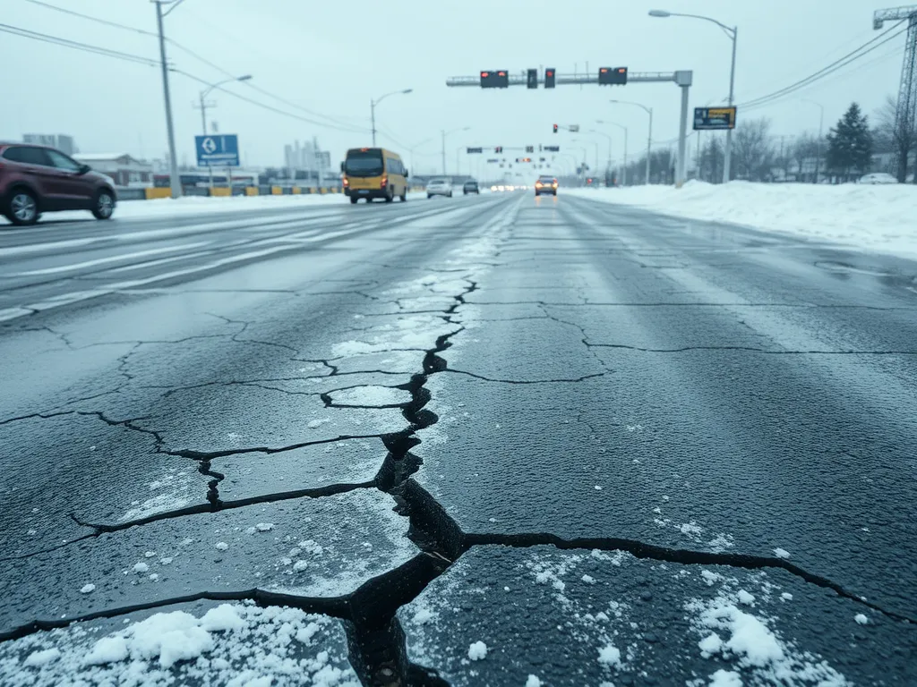 Cracked asphalt on a snowy road illustrating the effect of weather on asphalt durability.