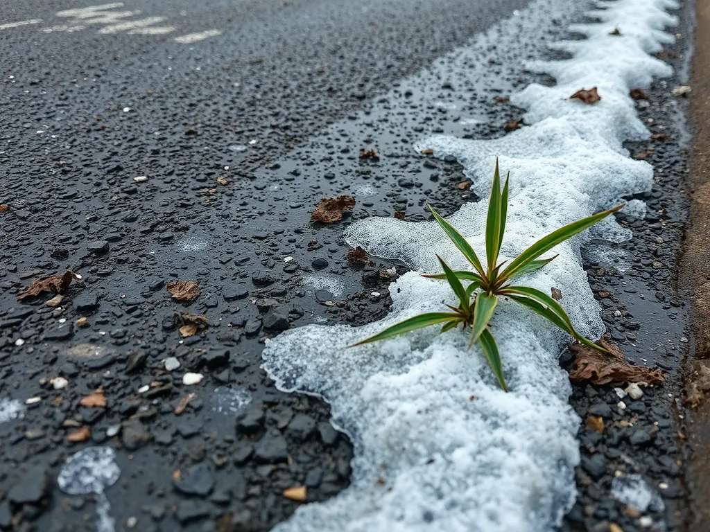 Plant growing through a crack in asphalt, highlighting effects of weather on asphalt durability