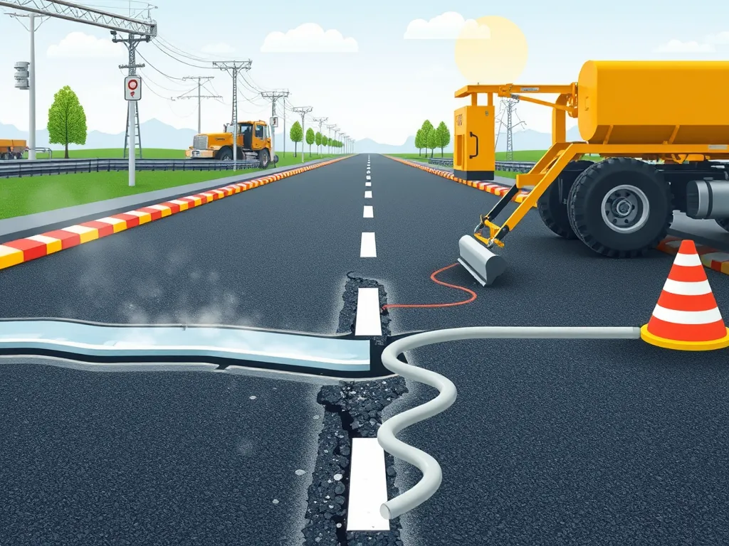 Illustration showing weather-related damage to asphalt with repair equipment