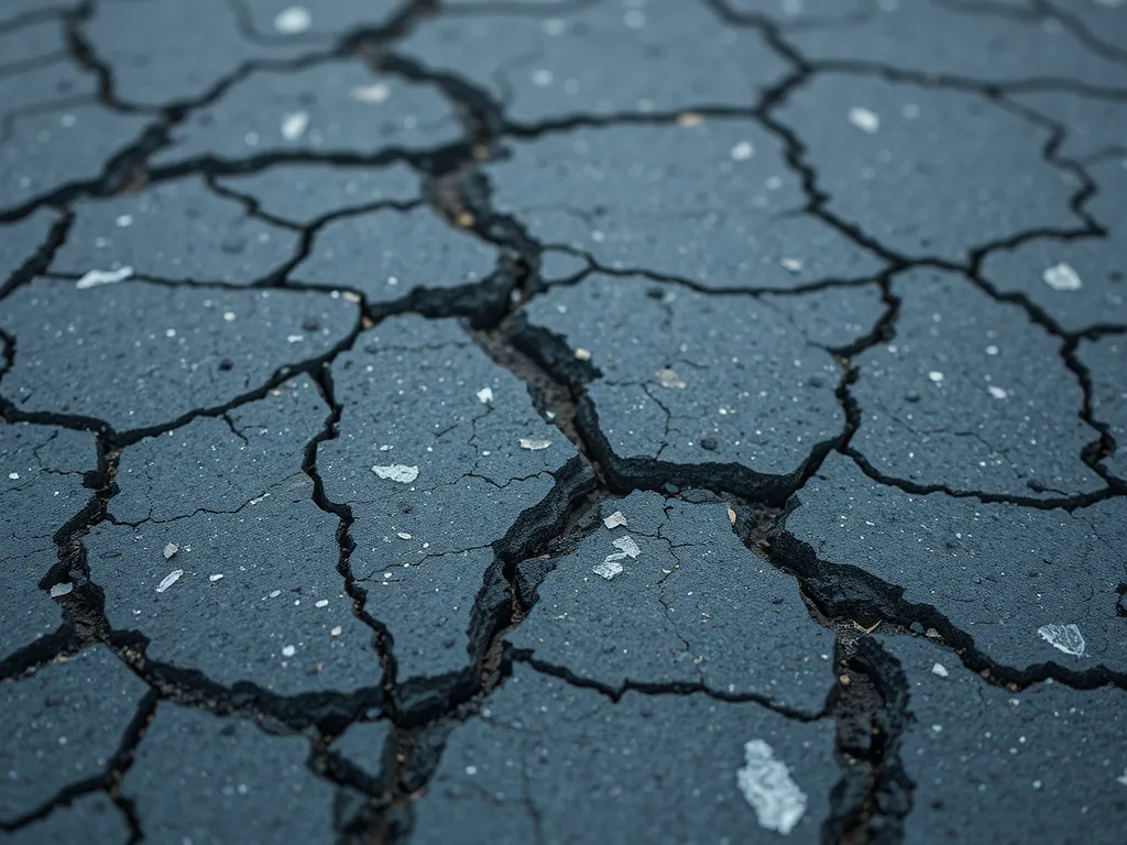 Cracked asphalt surface showing the effects of changing weather conditions on its durability.