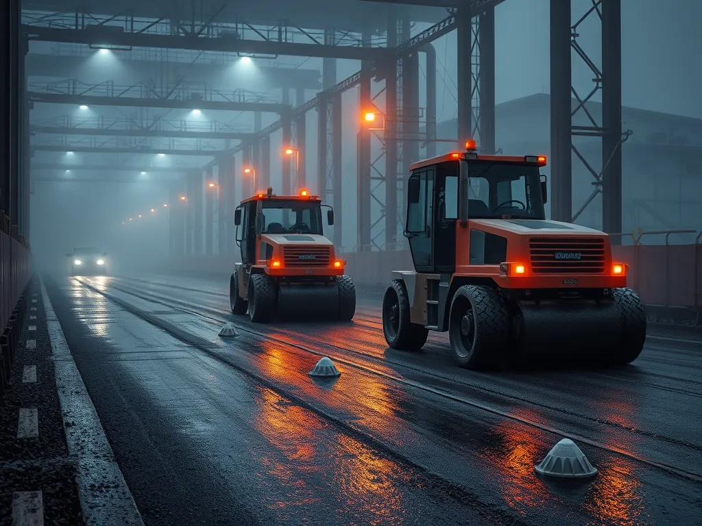 Asphalt paving operations affected by weather conditions with machinery in foggy conditions