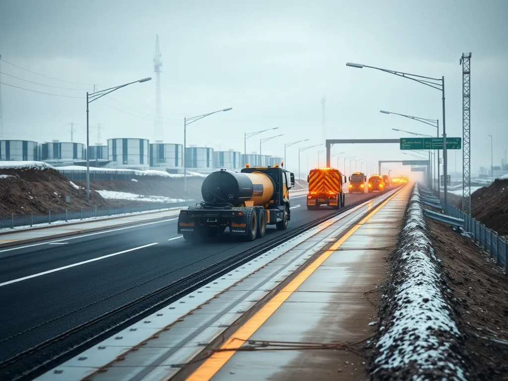 Trucks performing asphalt paving operations in varying weather conditions, highlighting the impact of weather on asphalt quality.