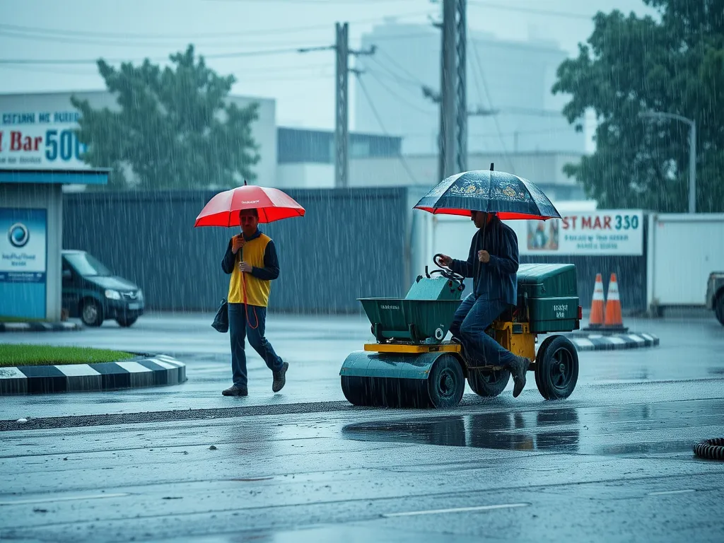 Workers navigating asphalt paving operations in rainy weather, highlighting the effects of weather conditions.