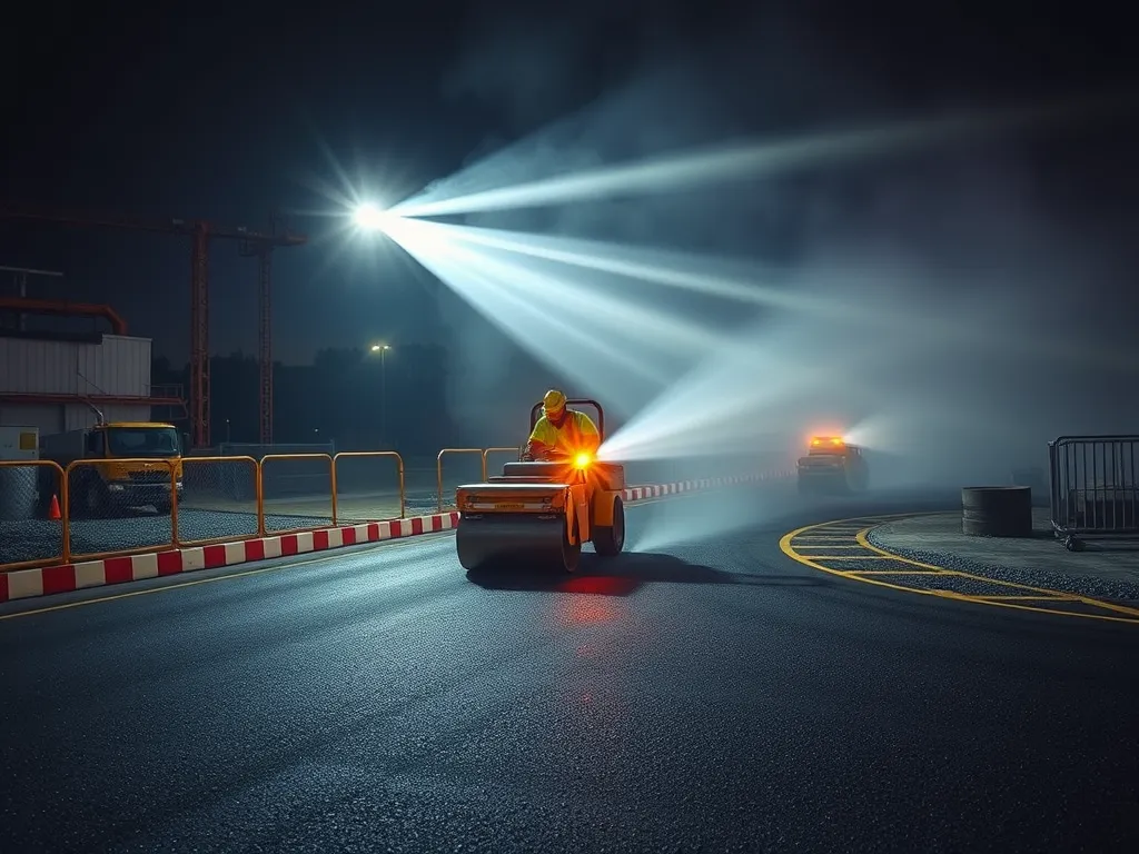 Asphalt paving operations affected by weather conditions at night