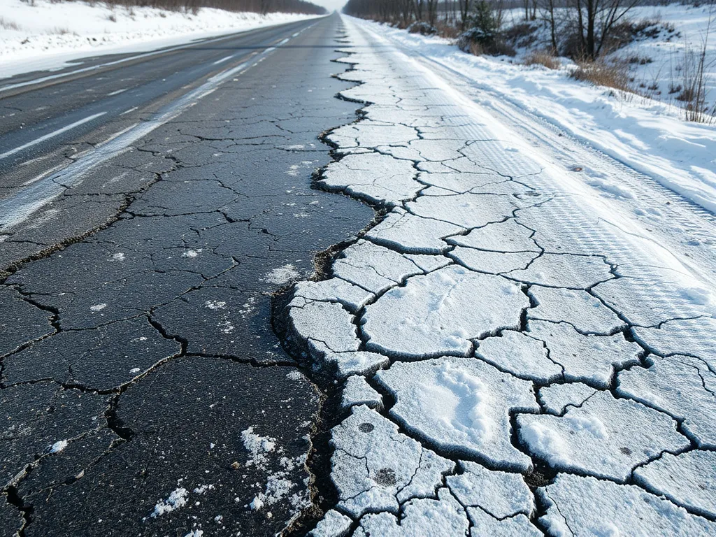 Cracked asphalt road due to weather effects, highlighting the impact of temperature changes on pavement performance.