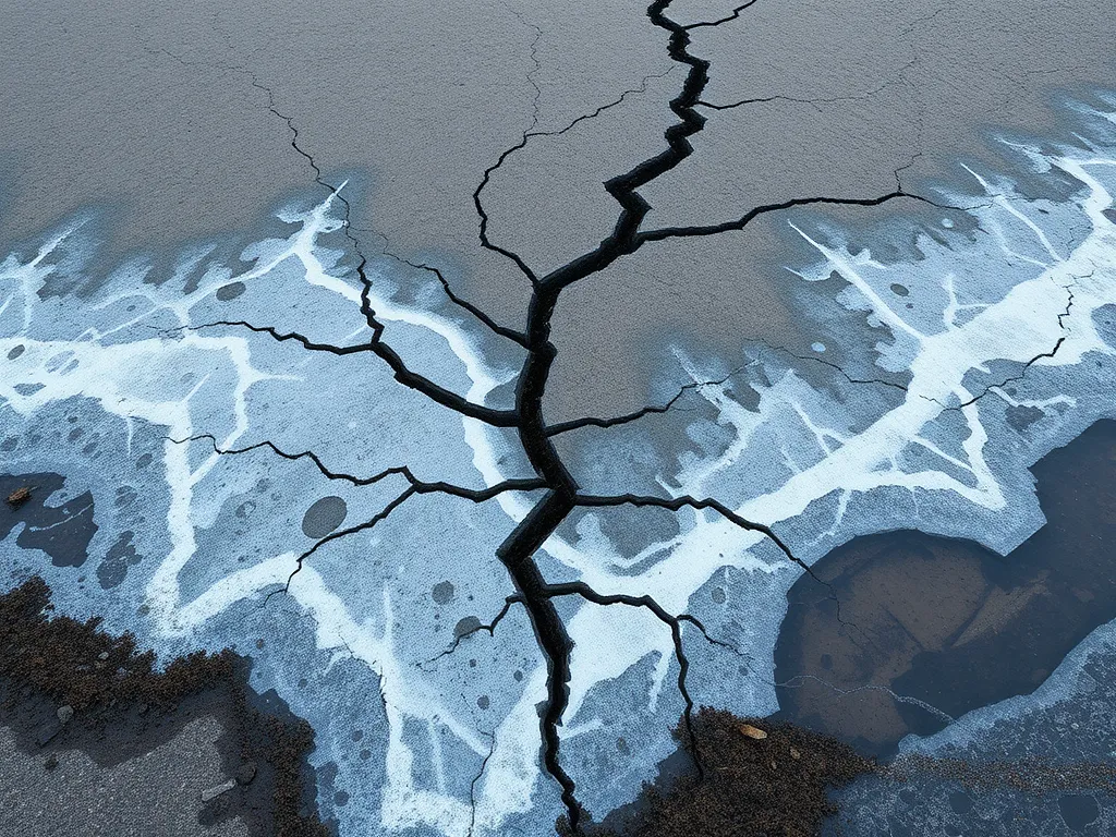 Cracked asphalt surface showing effects of weather conditions on durability.