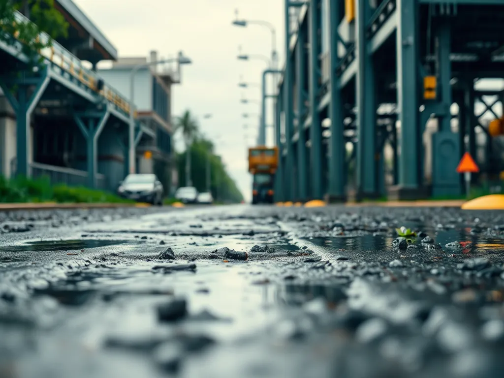 Close-up view of rainwater pooling on asphalt and concrete surface, highlighting weather resistance properties.