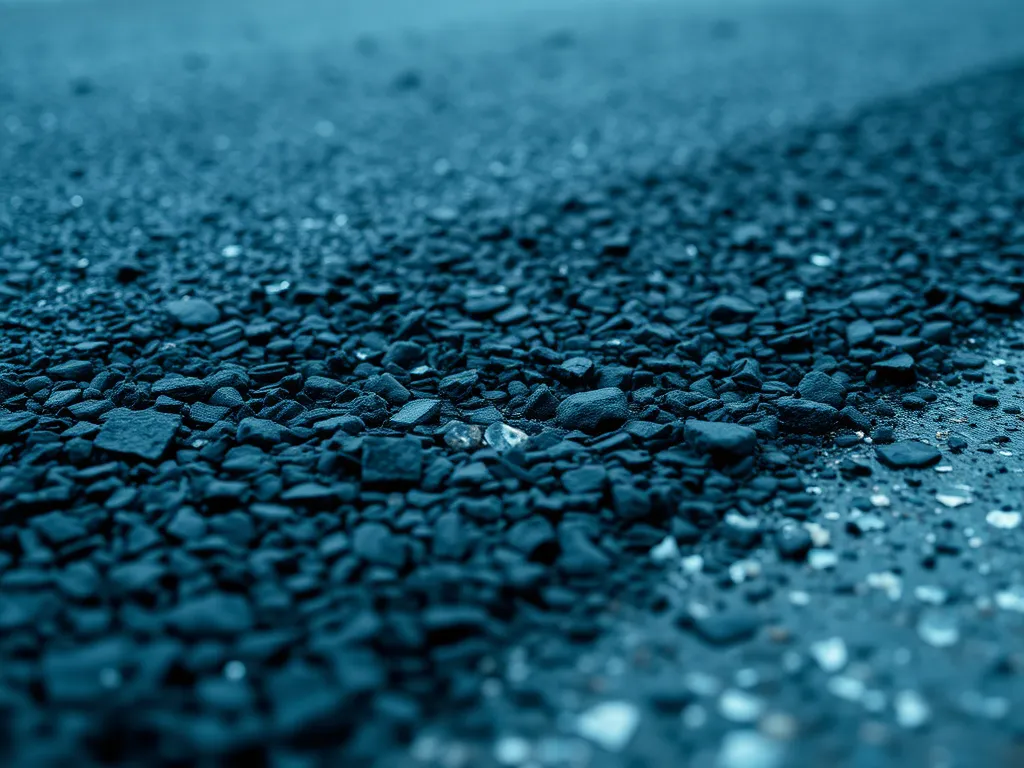 Close-up view of asphalt surface showing aggregate and texture for weather resistance evaluation.