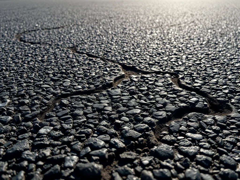 Cracked asphalt surface illustrating the weather resistance of asphalt and concrete in varying conditions.