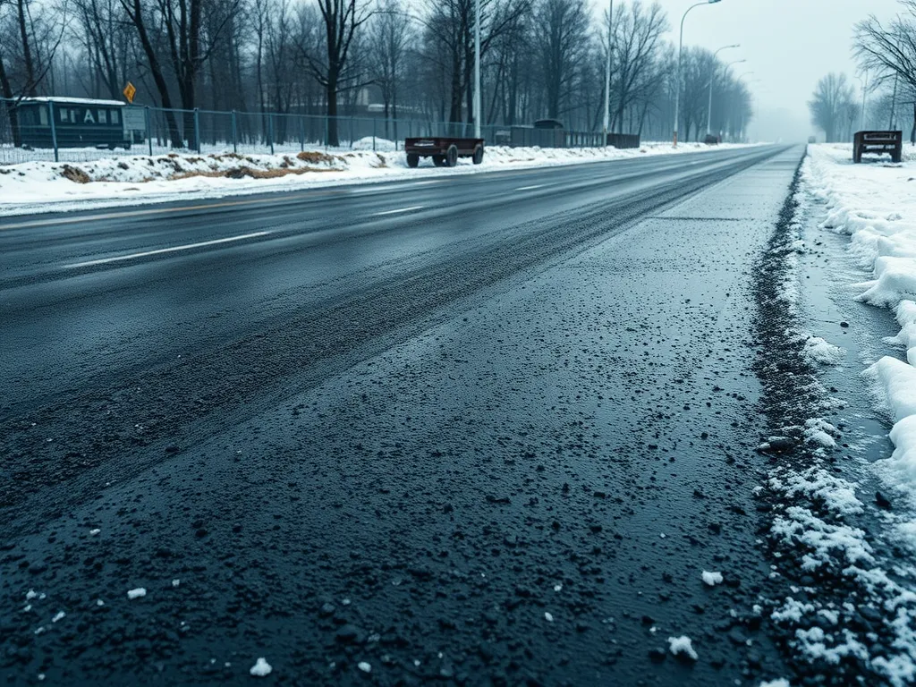 Close-up view of weather-resistant asphalt on a snowy road, demonstrating durability in harsh conditions.