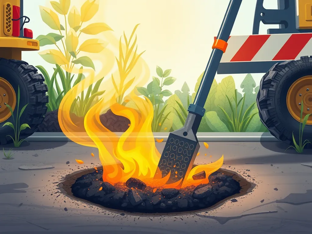 An illustration showing the process of applying hot mix patch to repair damaged asphalt.