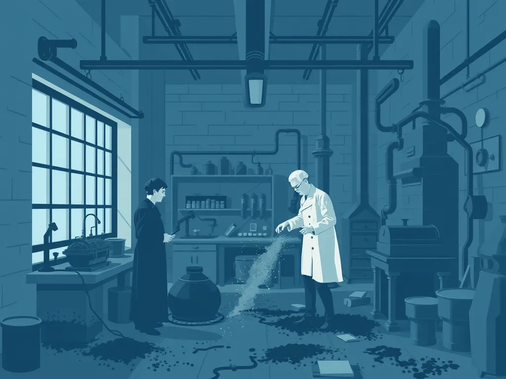 A historical depiction of inventors working on asphalt in a laboratory setting