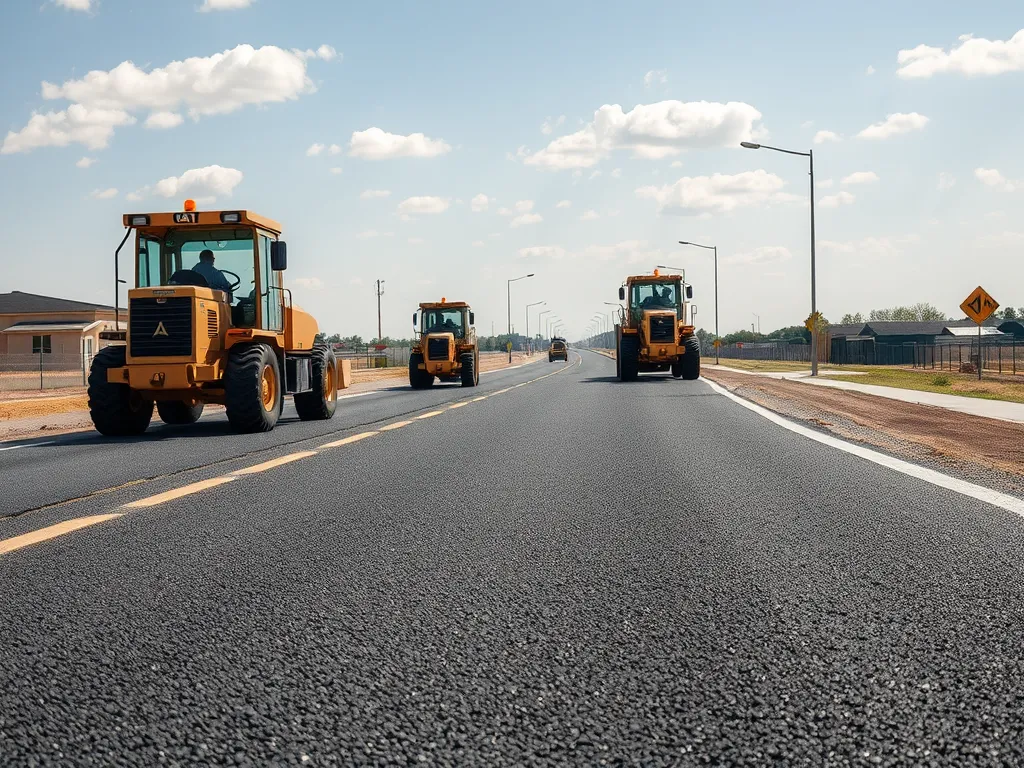 Asphalt paving machines laying down asphalt on a road.