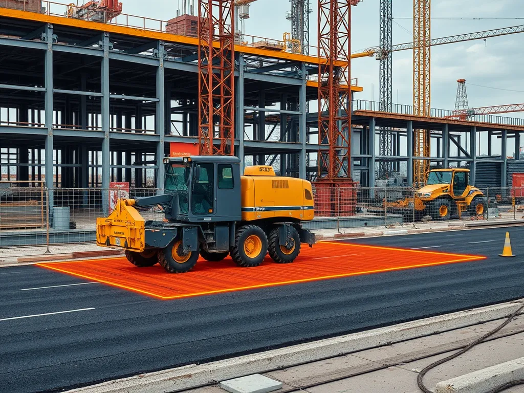 Construction site with asphalt machinery preparing for safe asphalt application