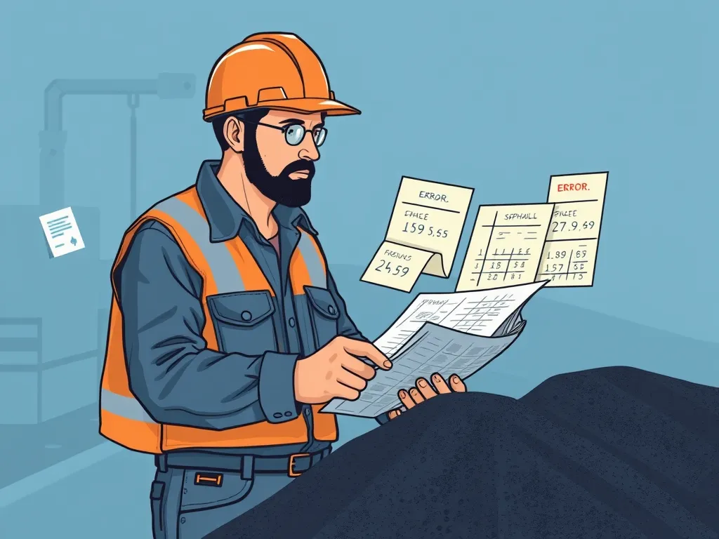 Construction worker reviewing asphalt calculation errors and data