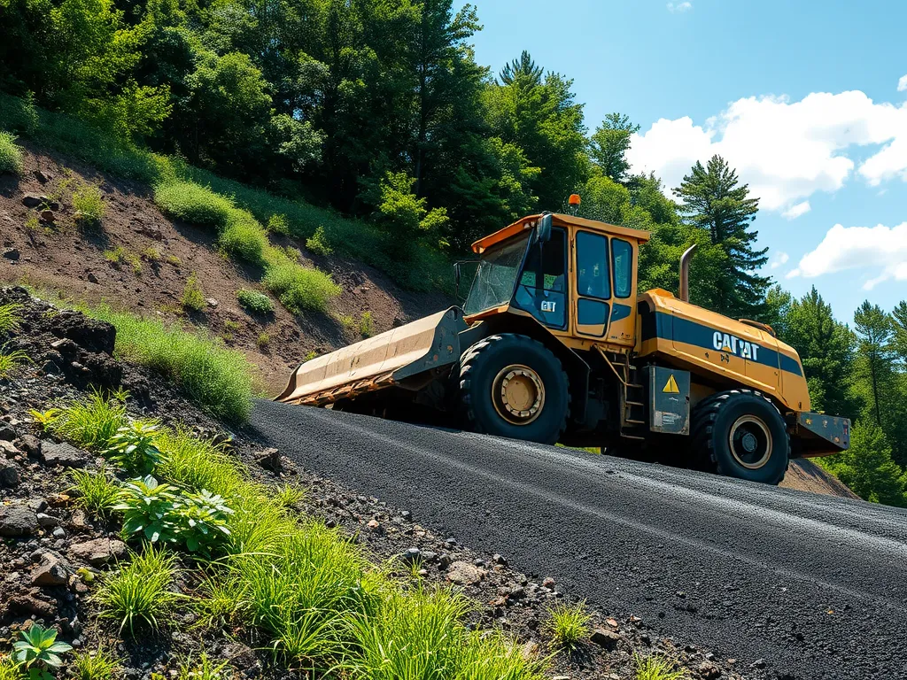 Heavy machinery compacts asphalt for durability and longevity