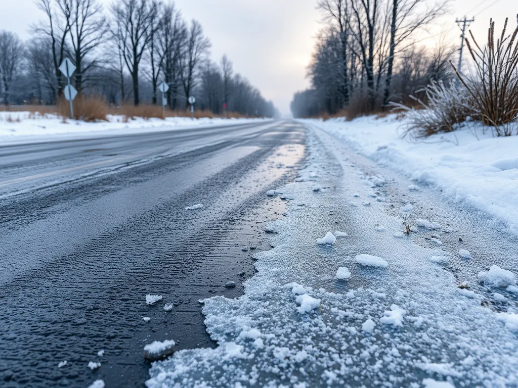 Asphalt road scene in cold weather showing icy conditions impacting curing.