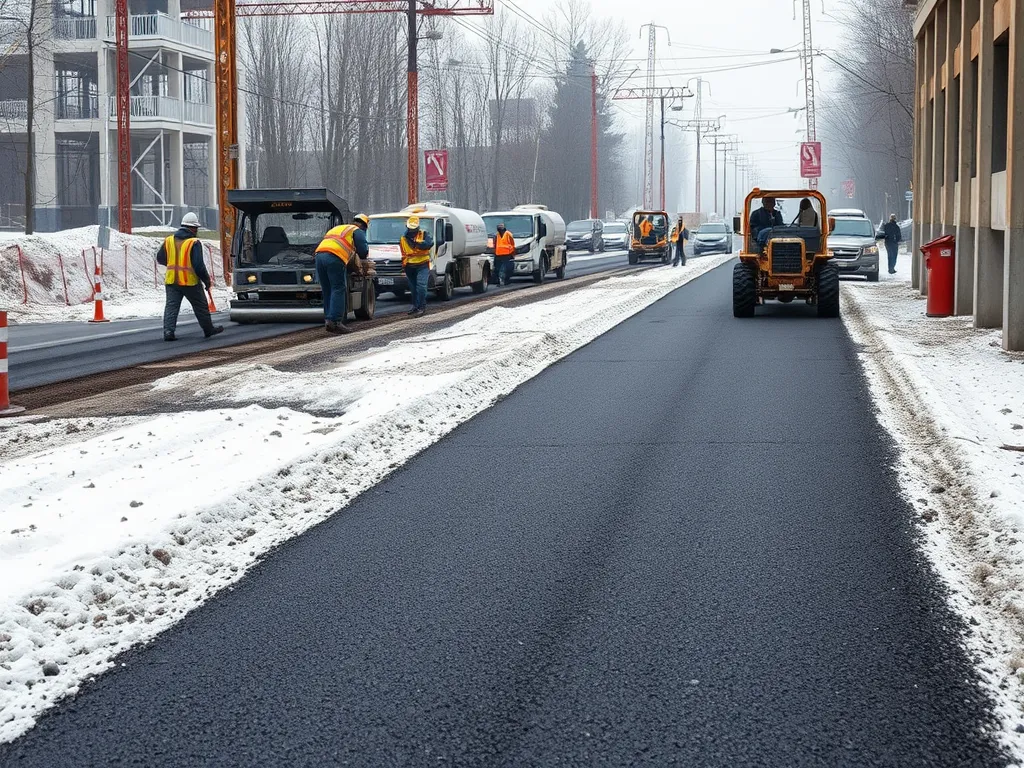Workers laying asphalt in cold weather conditions, demonstrating the curing process.
