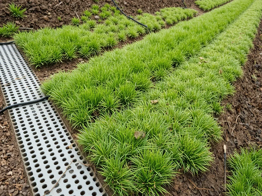 Drainage system installed alongside grass and asphalt surfaces for effective water management.