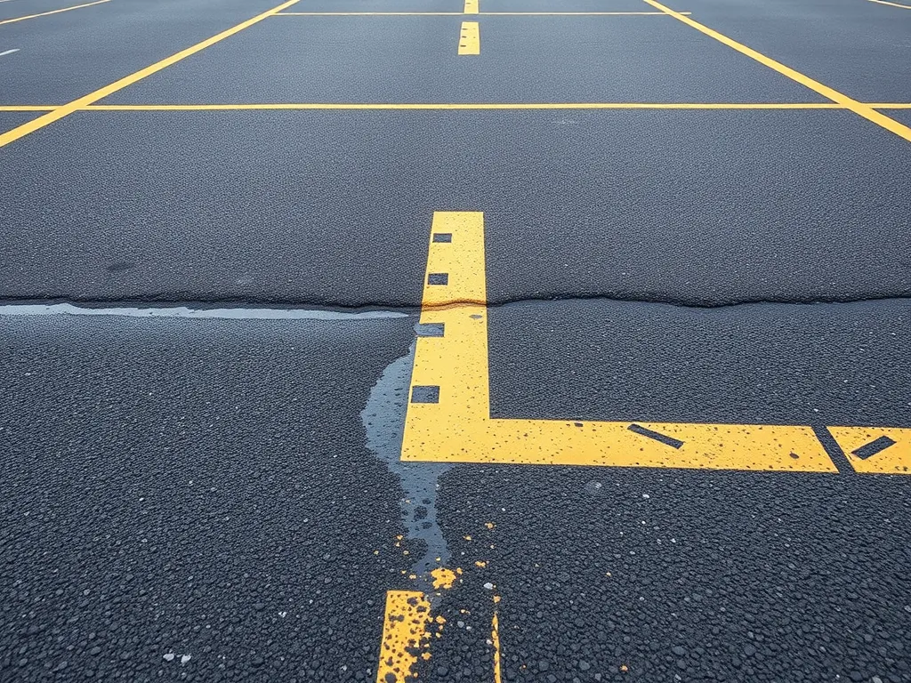 Drainage system in asphalt parking lot showing water flow and surface integrity.