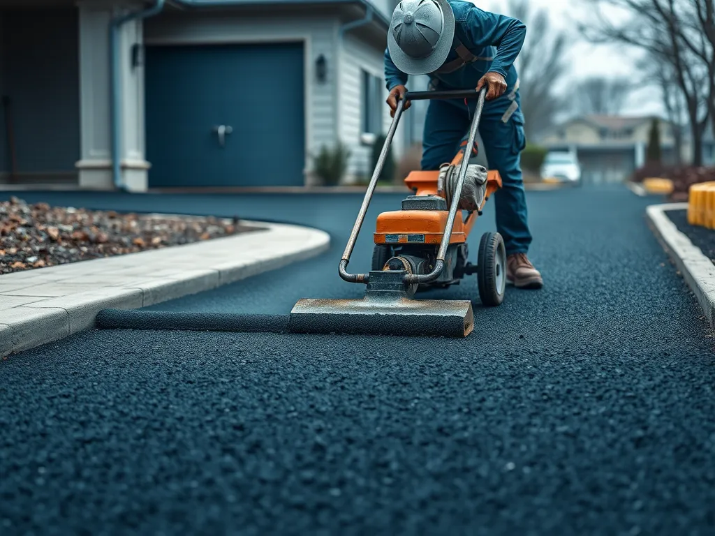 Contractor using equipment to lay asphalt on a driveway
