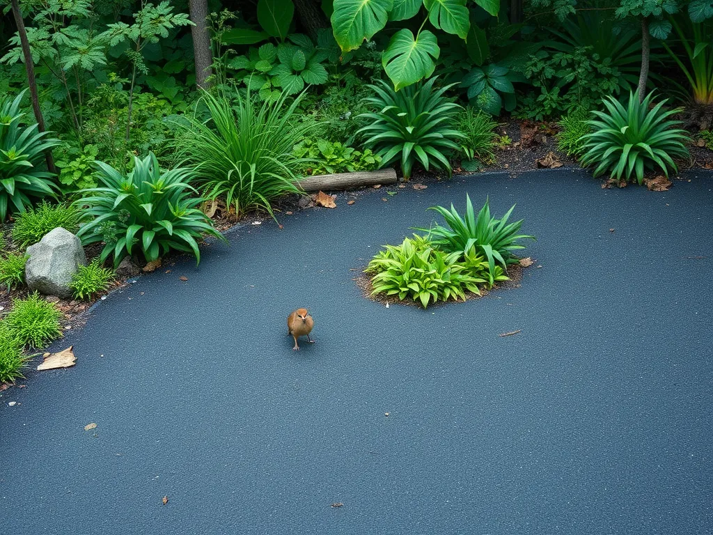 Bird on asphalt driveway surrounded by local vegetation, illustrating the community impact of asphalt driveways on local ecosystems.