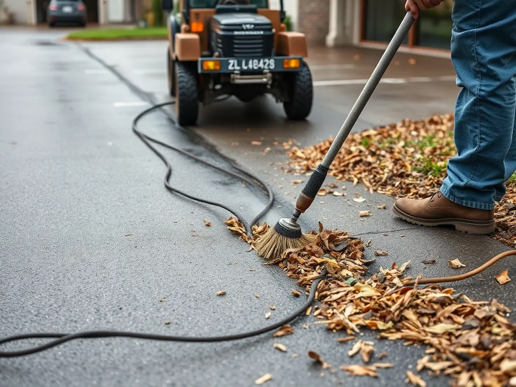 Person maintaining the durability of asphalt driveways by sweeping leaves and debris.