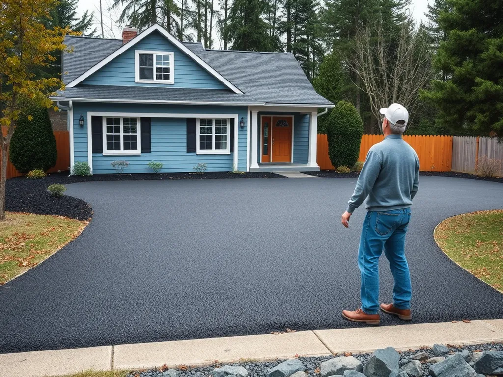 Person Standing Next To Newly Installed Asphalt Driveway Considering Permit Requirements
