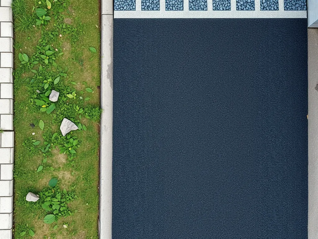 A top view of a newly installed asphalt driveway next to decorative stones and grass, illustrating examples related to permits for asphalt driveways.