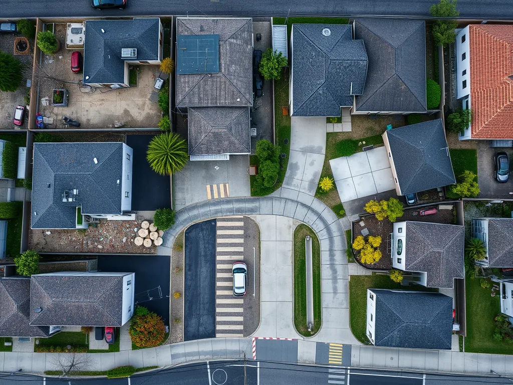 Aerial view of residential neighborhood with asphalt driveways, illustrating impact on property taxes.