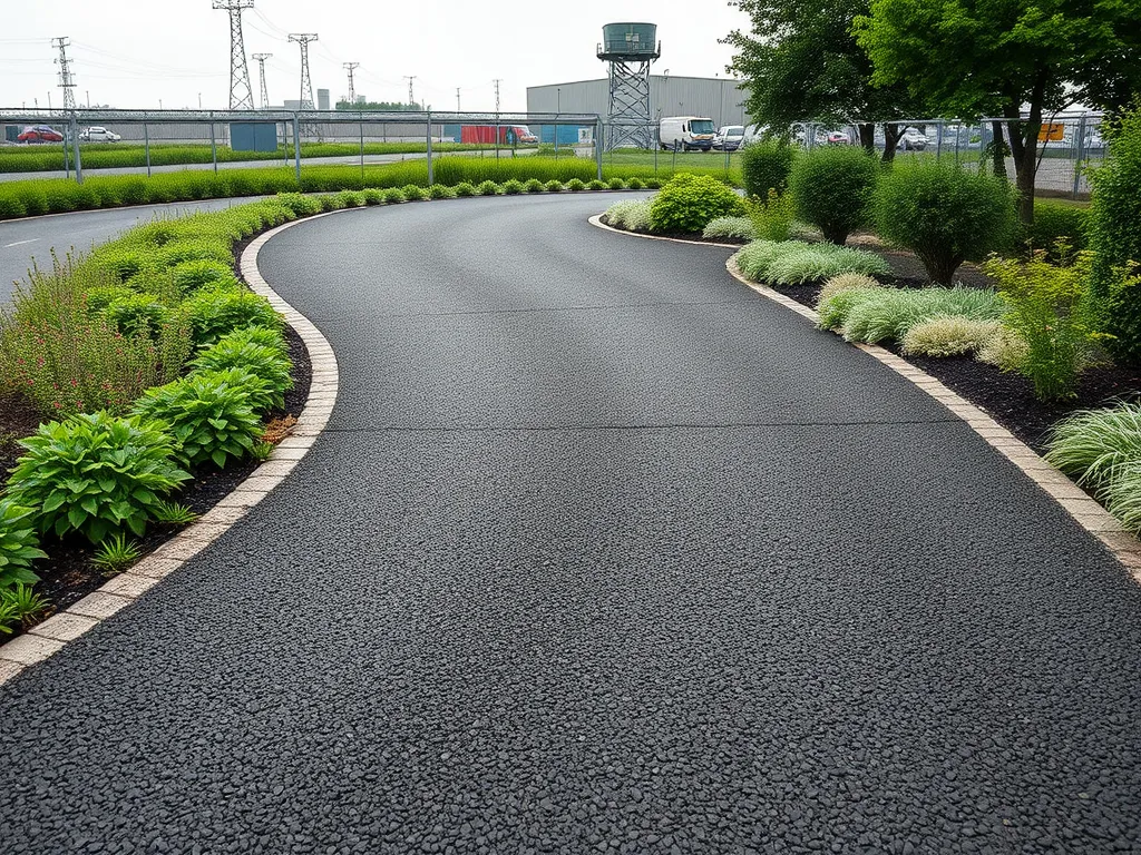 Well-maintained asphalt driveway with landscaping, enhancing property appeal and value.