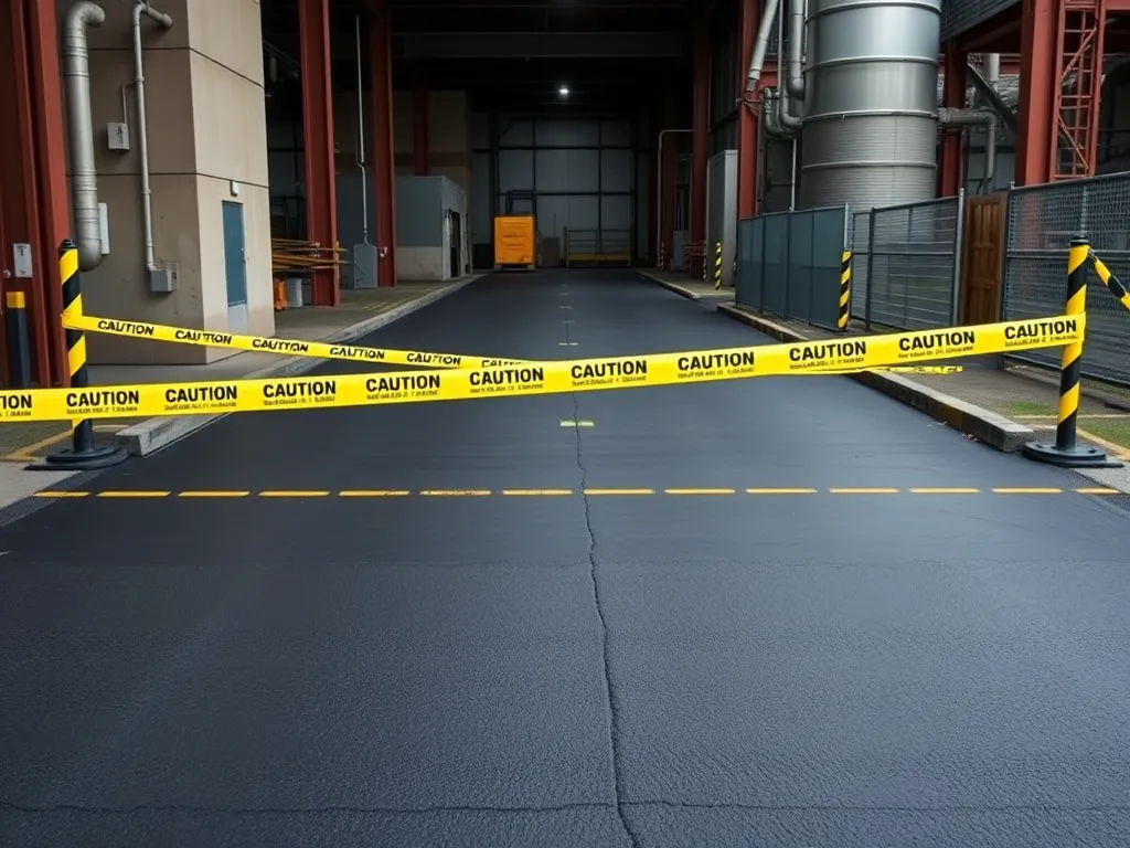 Freshly sealed asphalt driveway with caution tape indicating sealing process using effective sealing products.