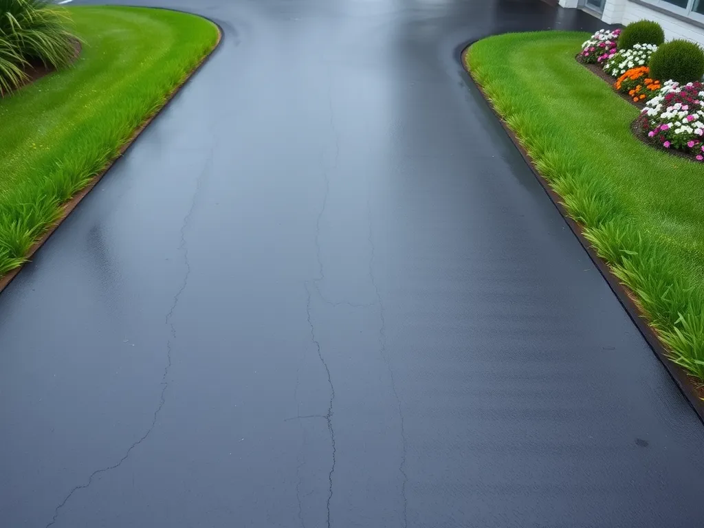 Freshly sealed asphalt driveway showing effective sealing products with green landscape.