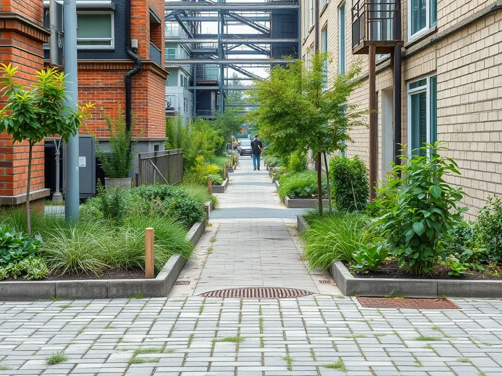View of a community showcasing the impact of asphalt driveways on local ecosystems with greenery and pathways.