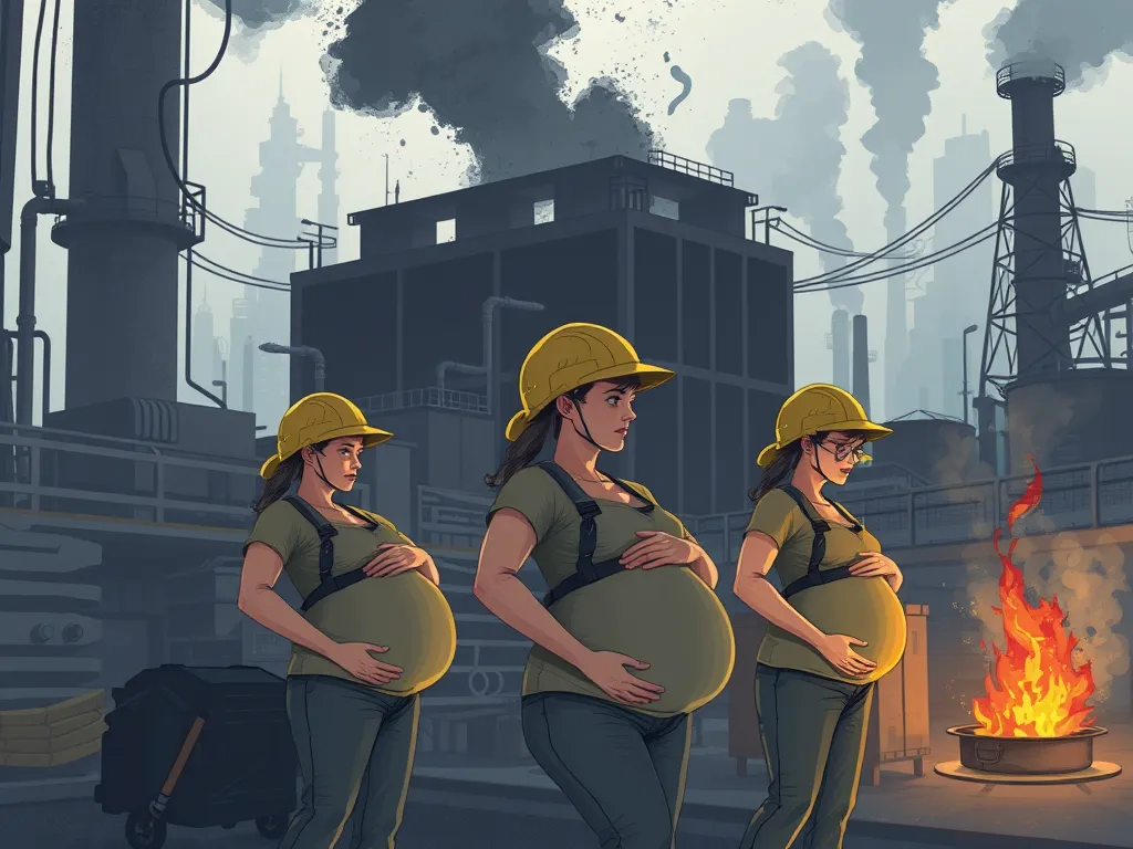 Illustration of pregnant workers in an industrial setting where asphalt fumes are present, highlighting potential health risks.