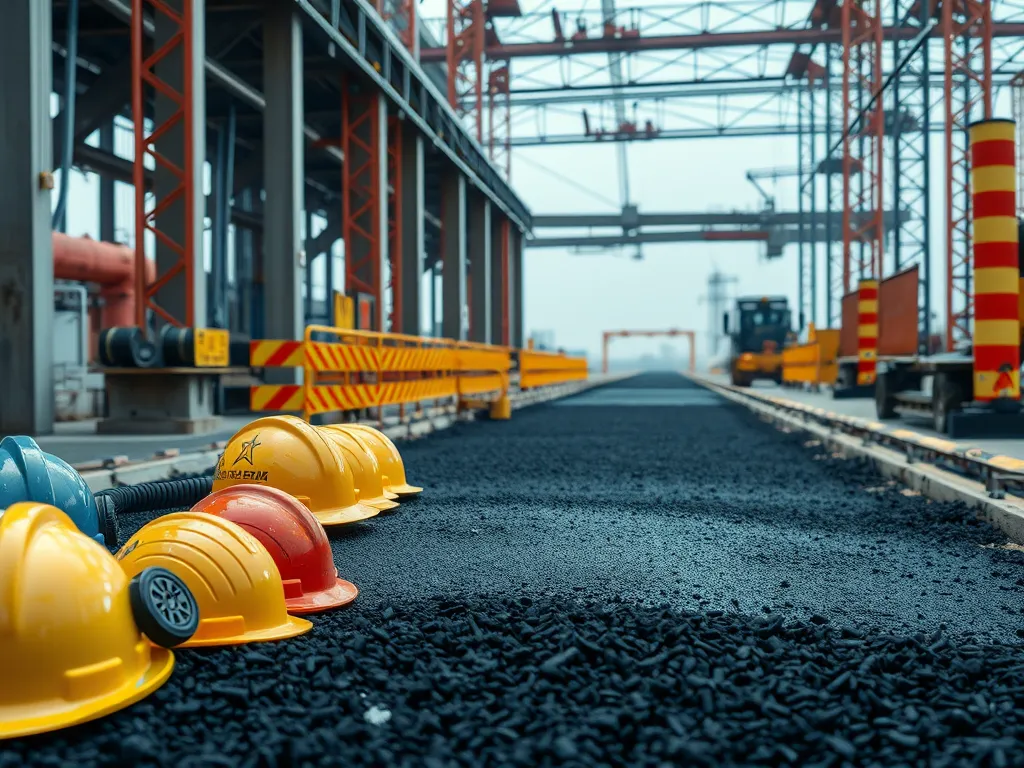Construction site showing helmets on an asphalt surface, related to the health effects of asphalt fumes and cancer risk.