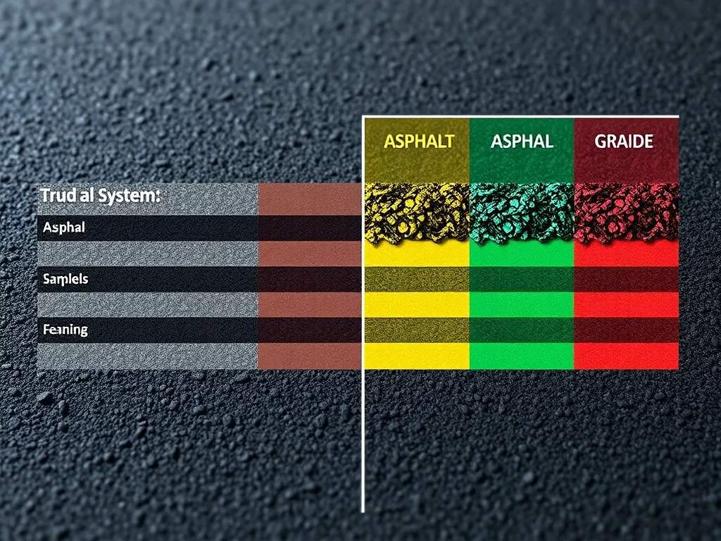 Comparative chart showing different grading systems for asphalt, including Trud al System and color-coded asphalt types.