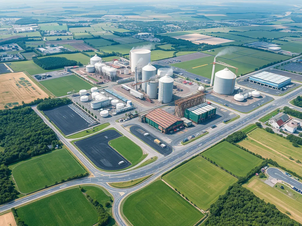 Aerial view of an industrial area highlighting asphalt surfaces and their environmental impacts