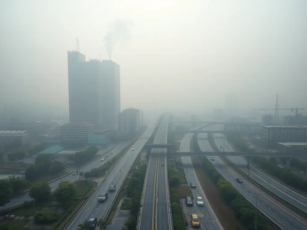 Aerial view of a hazy cityscape showing highways and buildings, highlighting environmental concerns related to asphalt.