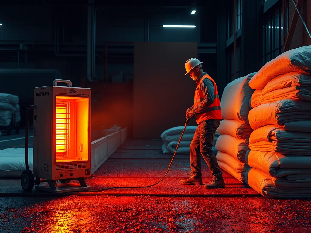 Worker operating an asphalt infrared heater safely in a warehouse setting