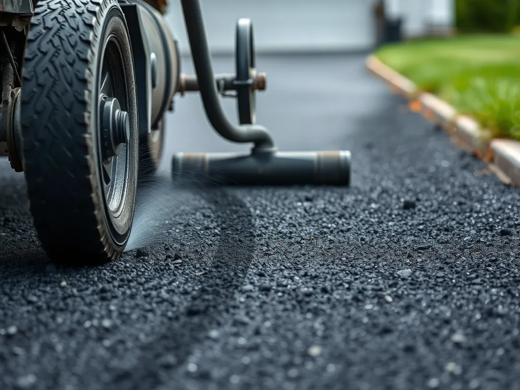 Close-up of asphalt installation process showing tire and surface texture, related to asphalt installation costs.