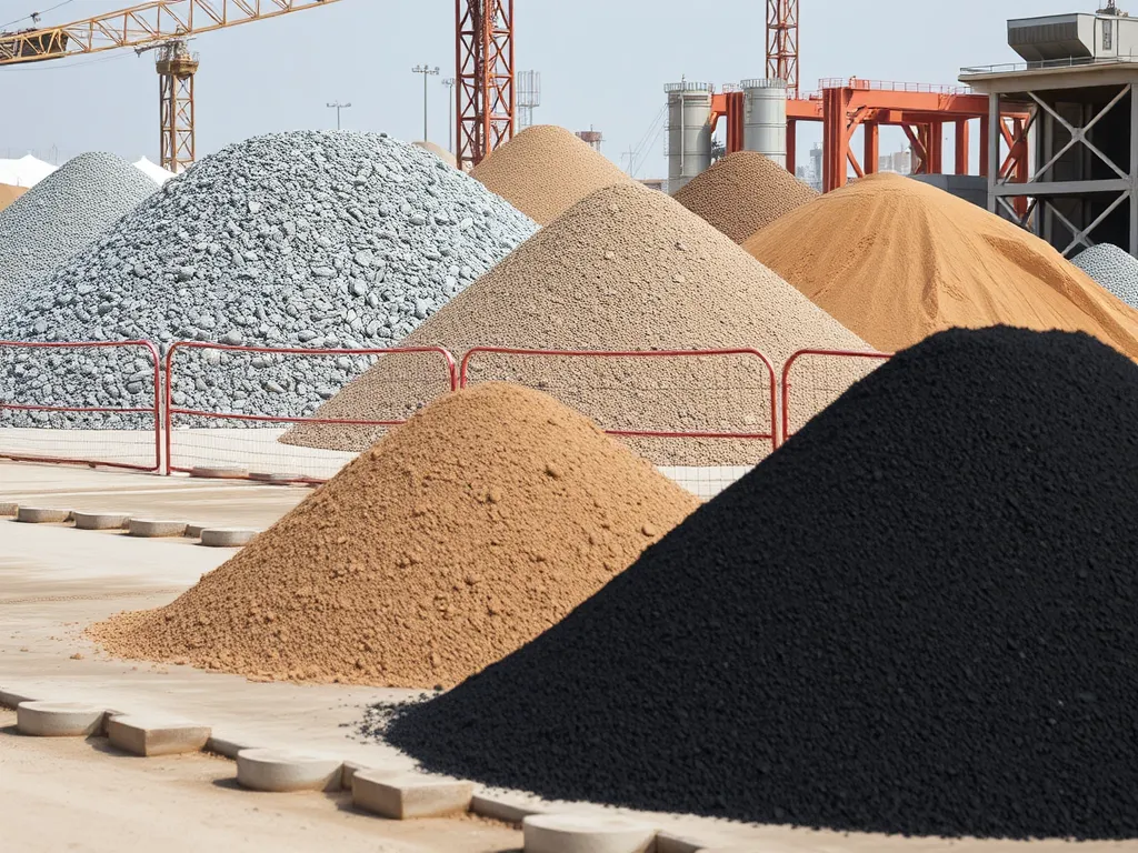 Piles of materials used for asphalt installation costs breakdown including gravel, sand, and asphalt.
